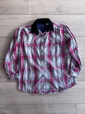 Copper Key Pink and Gray Plaid Shirt with Black Collar Size L